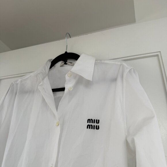 ❌SOLD❌NWT Miu Miu Shirt Dress Mini Length In White Sz 40 Long Sleeves Logo - Picture 4 of 9